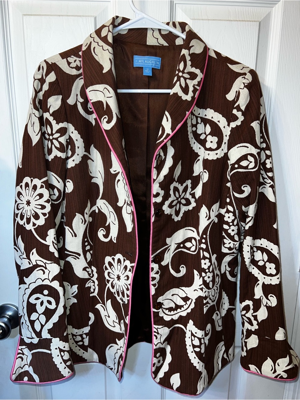 J.McLaughlin Brown White Floral Paisley Blazer Jacket Pink Trim Size 10